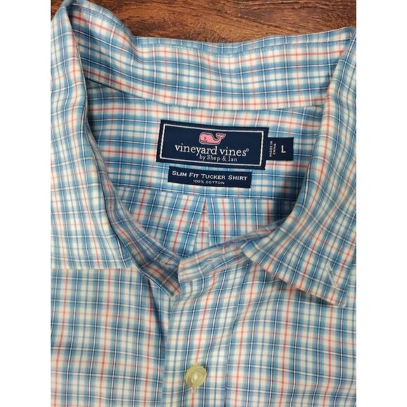 Vineyard Vines Slim Fit Blue Gingham Plaid Long Sleeve Tucker Shirt Men's Large - Picture 5 of 9